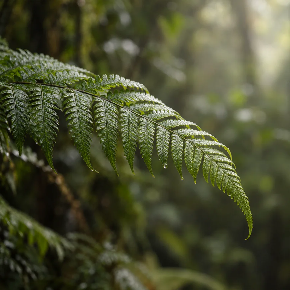 A fern frond in a misty forest, with water on the leaflets.